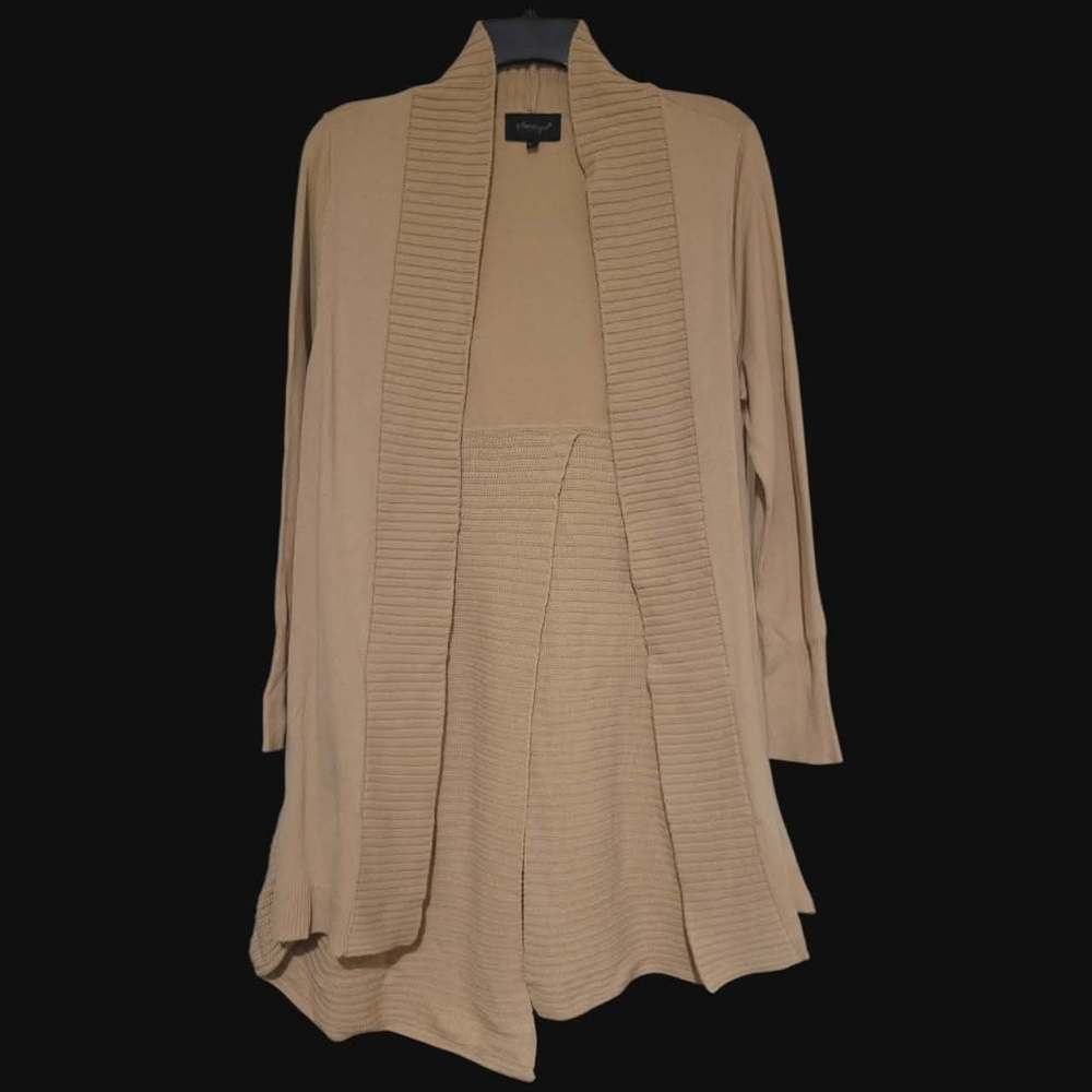 B.Boutique by Evergreen Women Brown Cardigan S/M Contrasting Knits, Split Back